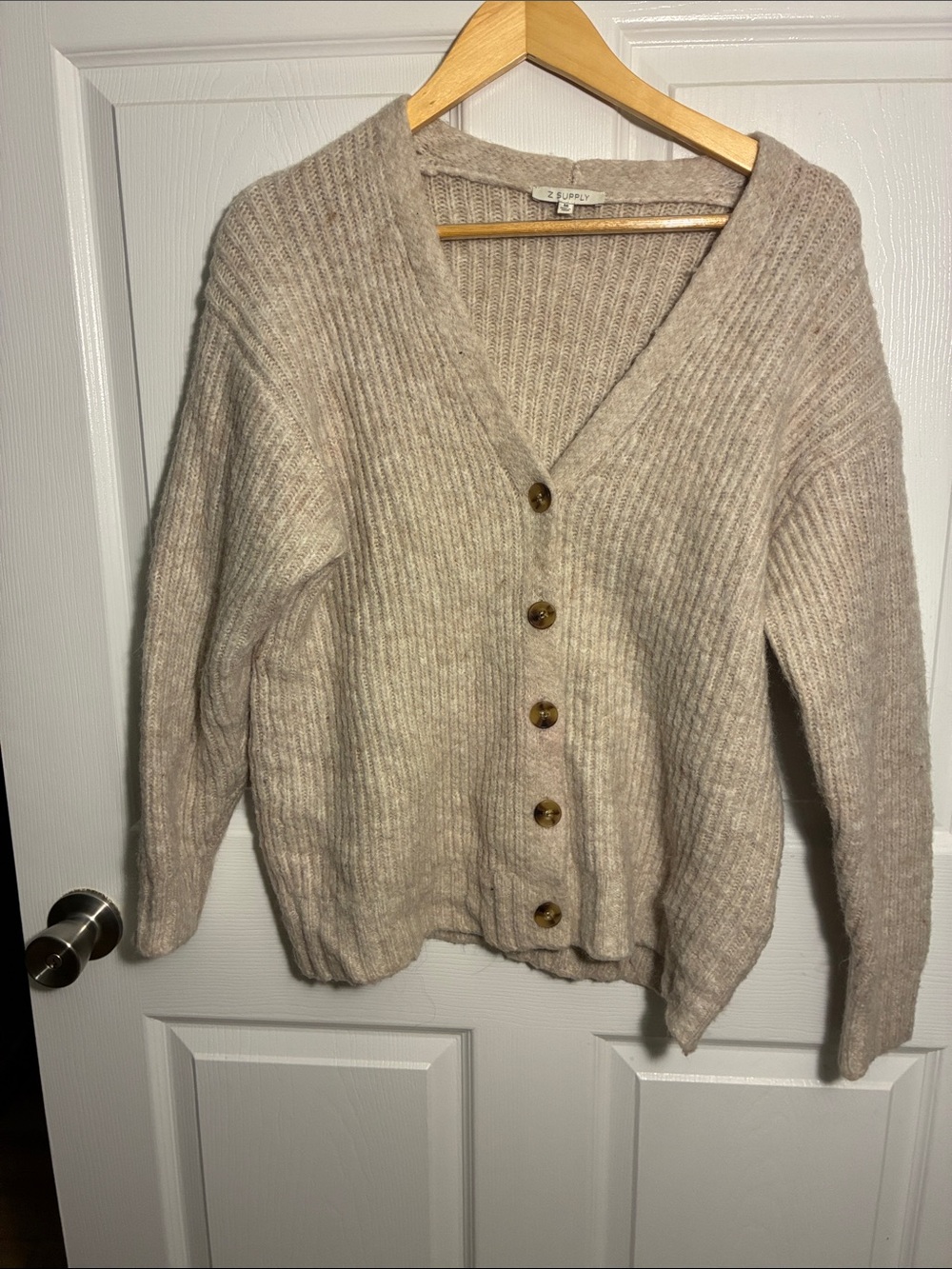 Z Supply Ribbed V-Neck Button Cardigan in Light Tan